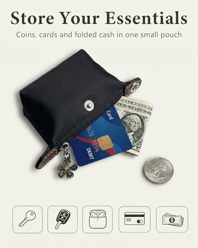 Wuflyover Coin Purse for Women, Mini Nylon Change Purse with Keychain, Small Zip Pouch for Coins, Cash, Cards (blak) - color: blak