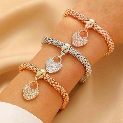 Alegend Titanium Steel (Not Rust, Resist Corruption, Easily Clean) 18K Gold Plated Single Bracelets + 14K Gold Plated Stackable Multilayer Bracelets - style: 14KGold Heart-Shaped Diamond-Inlaid