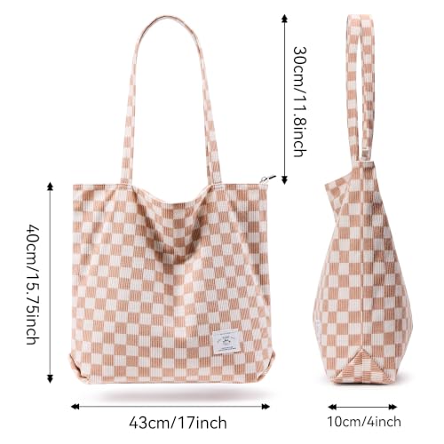 KALIDI Women Corduroy Tote Bag Zipper Casual Tote's Handbag Big Capacity Shoulder Bag with Pockets - color: Checkerboard Khaki