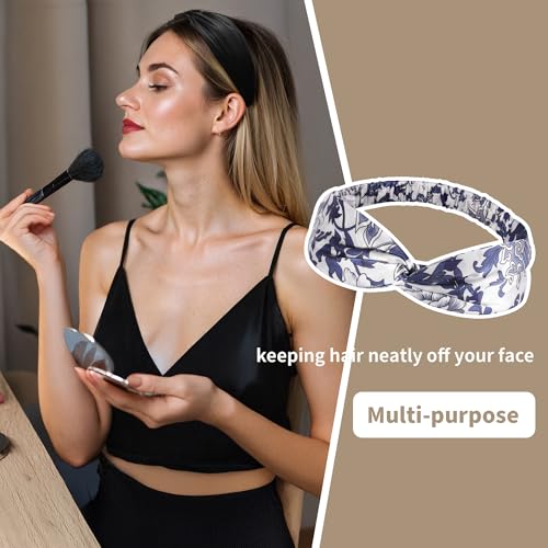 ZLYC Mulberry Silk Headband Elastic Twist Knotted Head Bands for Women's Hair, Floral Navy and White - color: Floral Navy and White
