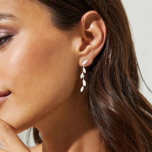 LLWOM 14K Gold/White Gold Plated CZ/Flower/North Star/Leaf Dangle Drop Earrings Studs for Women, Statement Earrings for Wedding Party Prom, Hypoallergenic Jewelry Gift - color: Silver Leaf