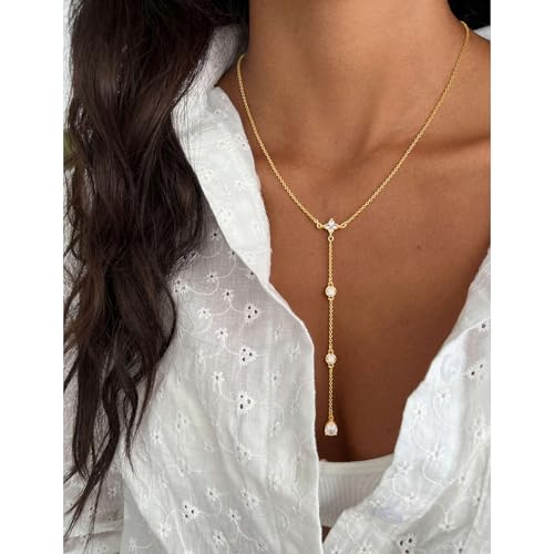 14K Gold Plated Layered Lariat Necklace for Women - Waterproof Non-Tarnish Dainty Gold Chain Necklace, Long Boho Statement Jewelry for Wedding, Prom, Summer Vacation Gifts - color: Four CZ Y Necklace-Gold