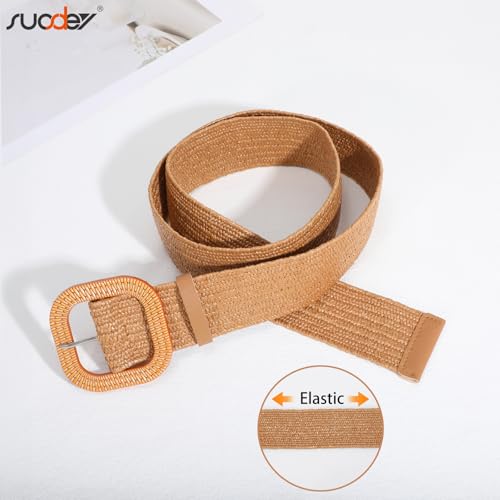 SUOSDEY 2 Pack Straw Woven Elastic Belt Braided Stretch Wide Boho Rattan Waist Belt for Women Dresses - color: 06-brown+beige(square Buckle), size: Fit Waist up to 35''