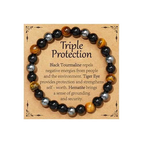 Gnamy Healing Crystal Bracelet for Women, Natural Stone Beaded Healing Crystal Bracelet Triple Protection Stress Relief Beads Jewelry Birthday Gifts Jewelry for Her - style: Triple Protection