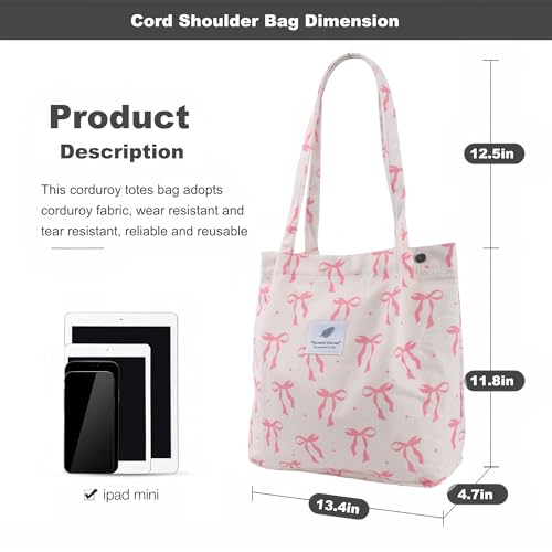 Corduroy Tote Bag for Women Small Canvas Shoulder Purse Cord Handy Bag with Inner Pocket | with Front Pocket - color: 03 Pink Bow