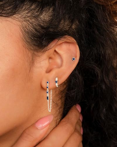 3 Pairs Small Earring Stacks, 14K Gold/Silver/Black/Rose Gold Plated Pearl Heart Butterfly Star Diamond Charm Drop Huggie Earrings Trendy Jewelry Gift for Women - color: Silver-Blue Chain