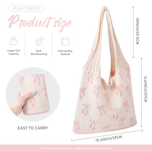hatisan Crochet Bag for Women, Handmade Knit Beach Tote Bag Summer - color: Pink Bows