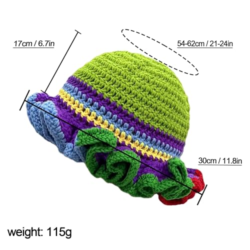 Handmade Crochet Bucket Hat for Women Boho Chic Slouchy Design Colorblock Ruffled Brim Festival&Daily Crochet Hat - color: Green Crown