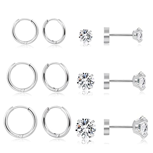 Dainty 6 Pairs Surgical Steel Earrings Sets for Multiple Piercing, Lightweight 14K Gold Plated Small Huggie Hoop Earrings, Flat Back Tiny Ball CZ Stud Earrings for Cartilage, Helix, Lobe, Hypoallergenic - style: Silver- Huggie Hoops and CZ Studs