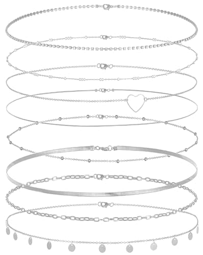 Tornito 8Pcs Waist Belly Chain CZ Heart Pearl Snake Bead Sequin Paperclip Belly Chain Summer Beach Sexy Body Chains Jewelry Accessories for Women Adjustable - style: D:8Pcs(Heart) Silver