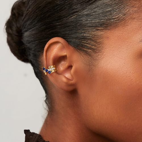 MEVECCO Ear Cuff Non Piercing for Women 18K Gold Plated Dainty Ear Cuff Earring Stacks Cartilage Clip On Wrap Huggie Minimalist Fake Piercings Open Hoops Jewelry Gifts - style: three line-blue