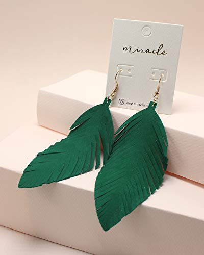Large Genuine Soft Leather Handmade Fringe Feather Lightweight Tear Drop Dangle Color Earrings for Women Girls Fashion - color: Green