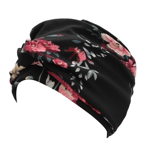 ZLYC Chemo Headwear for Women Pre Tied Turban Headwear Lightweight Beanie Hat - color: Flower Black