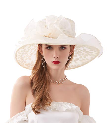 ORIDOOR Women’s Organza Church Tea Party Wedding Fascinator Derby Hat Wide Brim Sun Hats - color: A-beige