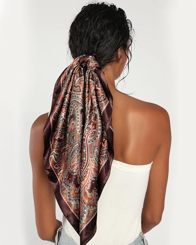 AWAYTR 35” Satin Head Scarf for Women Like Silk Scarf for Hair Scarf Satin Hair Bandana Women Headscarf Hair Wrap Scarf Neck - color: Redbrow + Orange