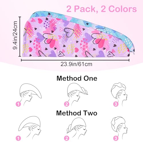 Basumee Microfiber Hair Towel Wrap for Kids 2 Pack Rapid Drying Hair Towel with Button Hair Turbans for Wet Hair Wraps Head Towel Wrap for Women and Girls, Blue and Purple Love - color: Blue and Purple Love