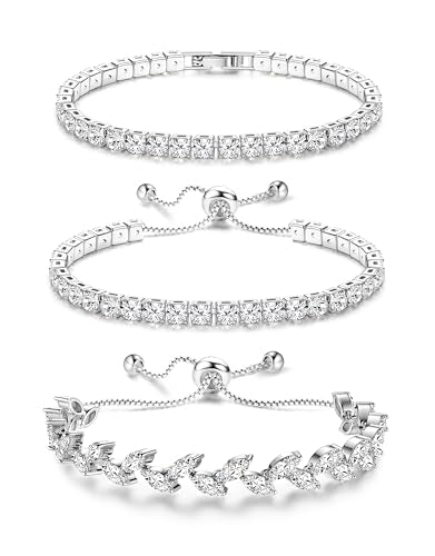 YADOCA Tennis Bracelets For Women - Silver Plated Bracelet Stack Cubic Zirconia CZ Diamond Adjustable Stackable Bracelets Set For Prom Wedding Jewelry Gift 3Pcs - style: A:Petals
