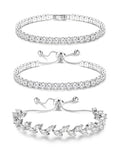 YADOCA Tennis Bracelets For Women - Silver Plated Bracelet Stack Cubic Zirconia CZ Diamond Adjustable Stackable Bracelets Set For Prom Wedding Jewelry Gift 3Pcs - style: A:Petals
