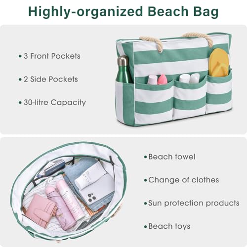 Becokan Beach Bags for Women Canvas Large Beach Tote Bag Zipper Waterproof Sandproof Foldable Swim Pool Bag with 7 Pockets - color: Green
