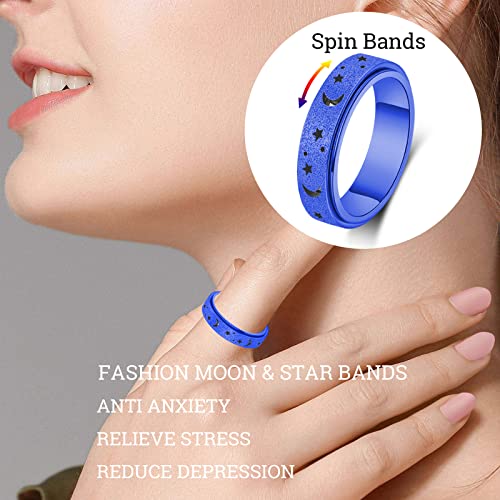 Anxiety Ring for Women Spinner Rings:Rotating Rings Stainless Steel 6mm Moon Star Anxiety for Men Band Jewelry Gift for Women Size 6 7 8 9 10 - color: B-Blue