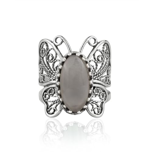 Filigranist Sterling Silver Filigree Art Butterfly Women Cocktail Ring with Gemstones - color: Gray Moonstone
