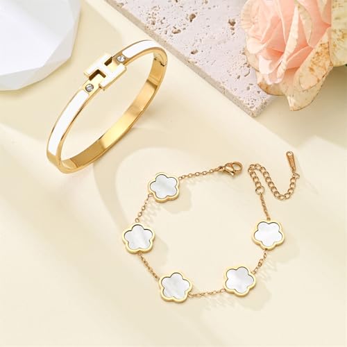 H Bangle & Clover Bracelet for Women - Stainless Steel Fashion Jewelry - 18K Gold Plated H Bangle and Lucky Five Leaf Clover Bracelet - Elegant Bracelets Set - Gift for Women - color: Gold-White Set