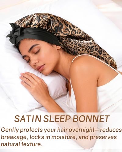 AWAYTR Long Satin Bonnet for Braids - Elastic Silk Hair Bonnets for Sleeping Night Cap Stretchy Tie Band for Women（Leopard） - color: Leopard