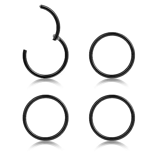4Pcs 16G 18G 20G Surgical-Steel-Piercing-Ring-Nose-Rings-Hinged-Hoop-Earrings,6mm 8mm 10mm 12mm Seamless Stainless Steel Clicker Eyebrow Septum Piercing Hoop,Sliver Black Gold Rose Gold Rainbow Body Jewelry Set - color: 20G 8mm Black