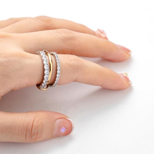 18K Gold Plated Stackable Rings for Women with Gift Box – Silver & Gold Multi-Link Connected Bands Set,Cubic Zirconia Mixed Metals Rings, Tarnish-Resistant Jewelry - color: three rings set, size: 9