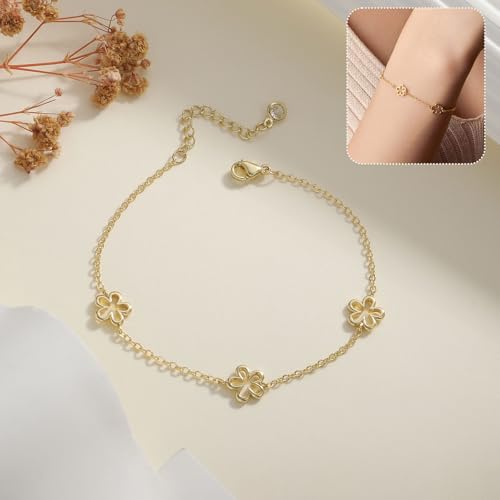 Dainty Silver Gold Bracelets for Women Trendy Non Tarnish 14K Gold Plated Cute Clover Bracelet Stackable Daisy Cubic Zirconia Diamond Charm Bracelet Stack Waterproof Jewelry Gifts - color: C- Daity Bracelet- Gold