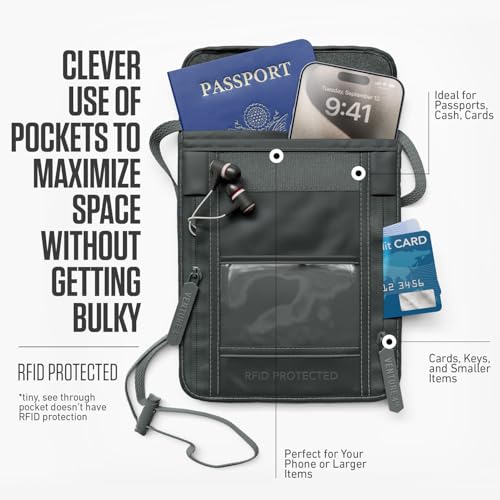 VENTURE 4TH Neck Wallet for Women & Men – RFID Blocking Passport Holder for Travel, Hidden Neck Pouch with 6 Compartments, Slim Lightweight Travel Organizer with Adjustable Strap (Sleek Gray) - color: Sleek Gray