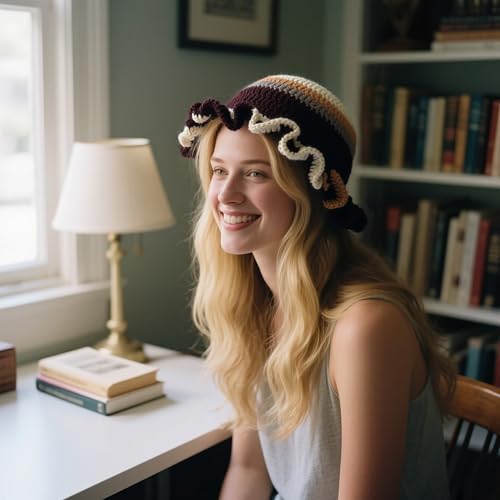Handmade Crochet Bucket Hat for Women Boho Chic Slouchy Design Colorblock Ruffled Brim Festival&Daily Crochet Hat - color: Khaki Coffee Grey