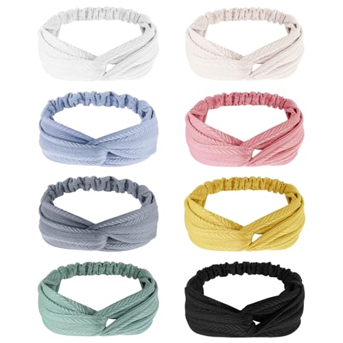 AQOKKA Elastic Knotted Headbands for Women Wheat Pattern Cloth Head Hair Bands for Women's Hair Non Slip Boho Wrap Twisted Hair Accessories - color: 8 Pack Cross Wheat-pattern Elastic Band B