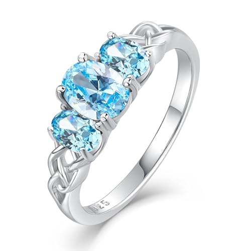 Celtic Birthstone Rings for Women 925 Sterling Silver Celtic Knot Ring 3-Stone Promise Rings for Her Wife Birthday Anniversary Wedding Jewelry - color: 12-Dec-Blue Topaz