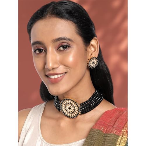 Aheli Pearl Diamond Choker Necklace & Round Earrings Gift for Women Indian Traditional Bollywood Fashion Bharatanatyam jewellery set - color: Black