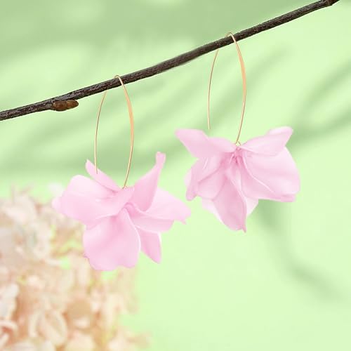 Exaggerated Bohemian Resin Rose Flower Petal Dangle Drop Earrings Long Acrylic Tiered Floral Tassel Earring for Women - color: Pink
