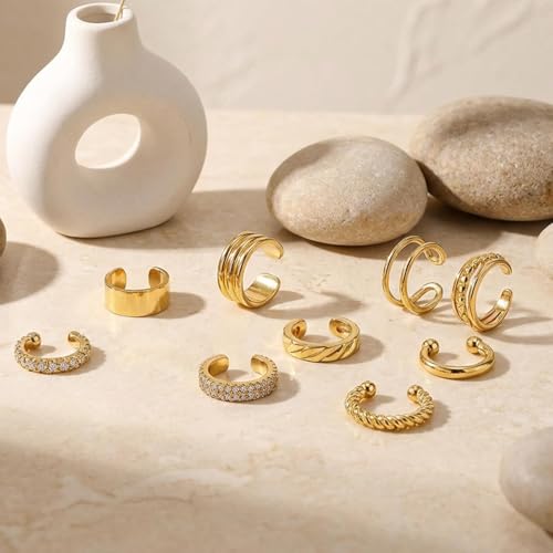 Ear Cuffs Non Piercing 14K Gold Plated Ear Cuff Earrings for Women Trendy Clip on Cartilage Earring Stacks Non Pierced Adjustable Fake Earrings Set Jewelry - color: A6:Gold Ear Cuffs-12Pcs