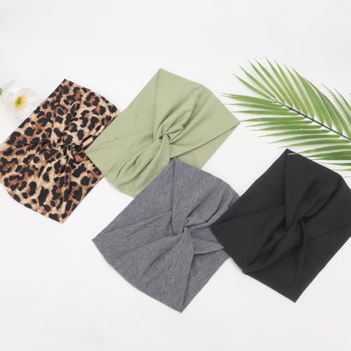 AQOKKA Extra Wide Headbands for Women Large Turban Headband Non Slip Boho Elastic Hairband Hair Twisted Knot Head Bands Accessories - color: 4 Pcs: Yellow Leopard, Dark Grey, Green, Black