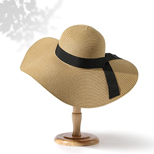 Beach Hats for Women - Beach Hat Womens UPF 50+, Packable Sun Hat Women Roll Up, Wide Brim Straw Hat for Women - color: Khaki Black