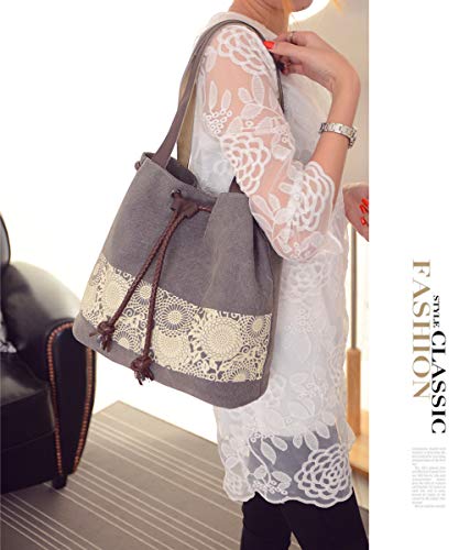 Women Printing Canvas Shoulder Bag Casual Handbags Purse Retro Tote - color: Black