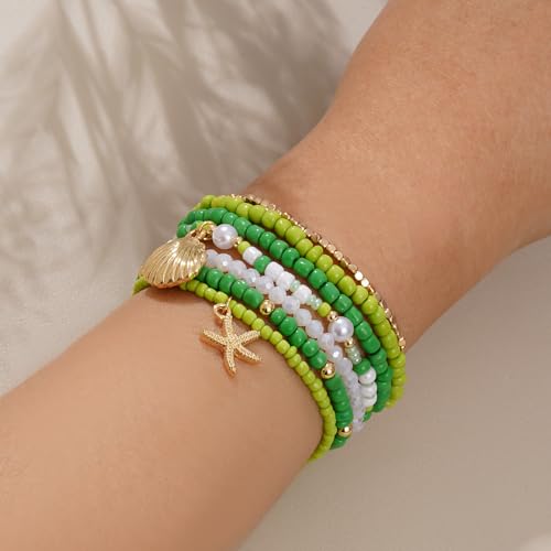 Shell Bracelet Seashell Boho Beaded Stretch Bracelets for Women Summer Beach Bracelets Starfish Charm Bracelet Stackable Gold Plated Bracelets Set for Women - color: e-green