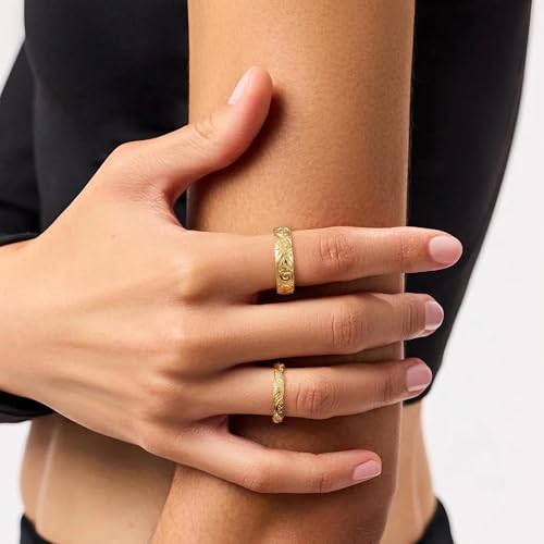 KissYan Adjustable Open Ring for Women, 14K Gold Plated Vintage Statement Leaf Pattern Band Ring with CZ, Dainty Trendy Jewelry Gift - style: Style2