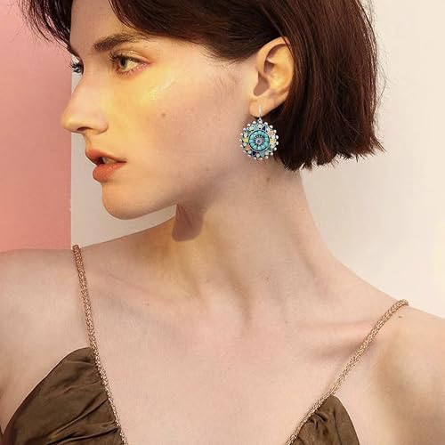 Unique Bohemian Vintage Sparkly Crystal Colorful Round Flower leverback earrings Boho Retro Bronze Circle Beaded Flower Floral Dangle Drop Earrings for Women - color: Sliver Blue