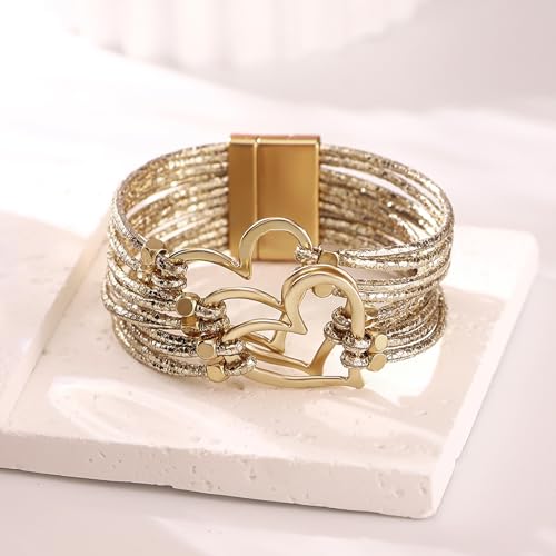 Fesciory Leather Wrap Bracelets for Women, Boho Leopard Multi-Layer Crystal Beads Cuff Bracelet Jewelry - color: Heart(Gold)