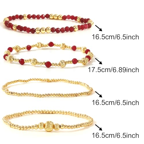 Dainty 14K Gold Lantern Beaded Bracelets Stack for Women,4PCS Colorful Glass Beads Stretch Stackable Bracelets Set Fashion Prom Jewelry Gift Friendship - color: Red