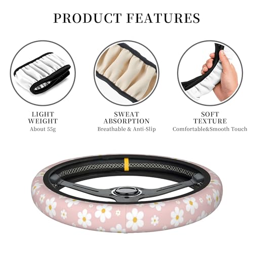 Car Steering Wheel Cover,Pink Flower Universal Non Slip Wheel Protector 15 Inch Elastic Car Accessories for Men Women - color: Pink Flower