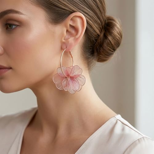 Gold Flower Statement Earrings for Women Boho Trendy Hoop Earrings Floral Dangle Petal Earring Prom Wedding Jewelry Gifts - color: A4:pink