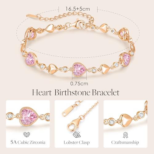 925 Sterling Silver Birthstone Heart Bracelet Jewelry Gift for Women | Rose Gold Plated Bracelets,Hypoallergenic,Adjustable Chain Personalized Anniversary Christmas Jewelry Gift for Mom Wife - color: Rose Gold-10-Oct