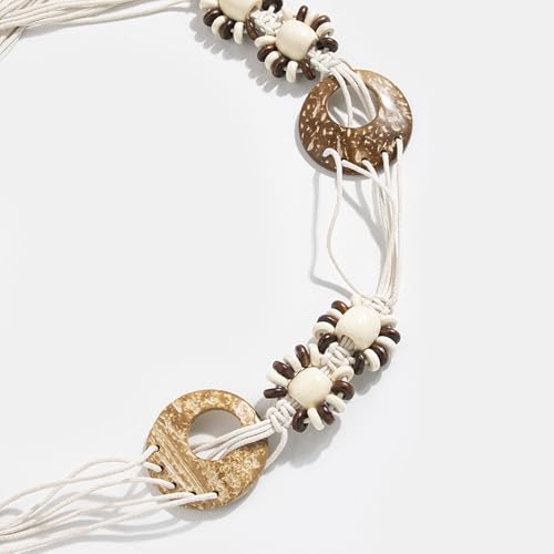 Women Braided Waist Belt Boho Woven Belt with Wooden Beads and Ring Clasp Vintage Long Tassel Rope Tie Belt for Dress - color: Beige 4