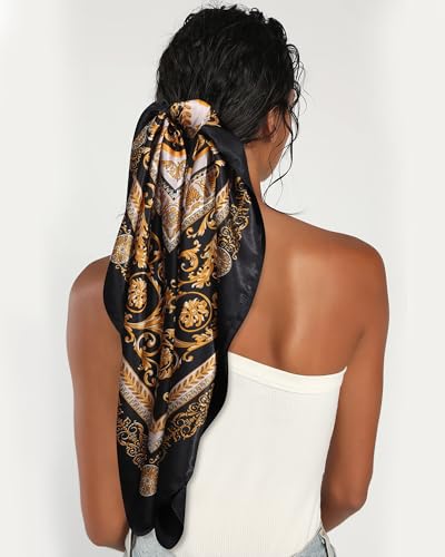 AWAYTR 35” Satin Head Scarf for Women Like Silk Scarf for Hair Scarf Satin Hair Bandana Women Headscarf Hair Wrap Scarf Neck - color: Totem - Black